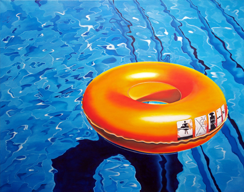Schwimmreifen orange, 120 x 150 cm, l auf Leinwand, 2022