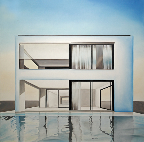 Haus am Wasser, 90 x 90 cm, l auf Leinwand, 2021